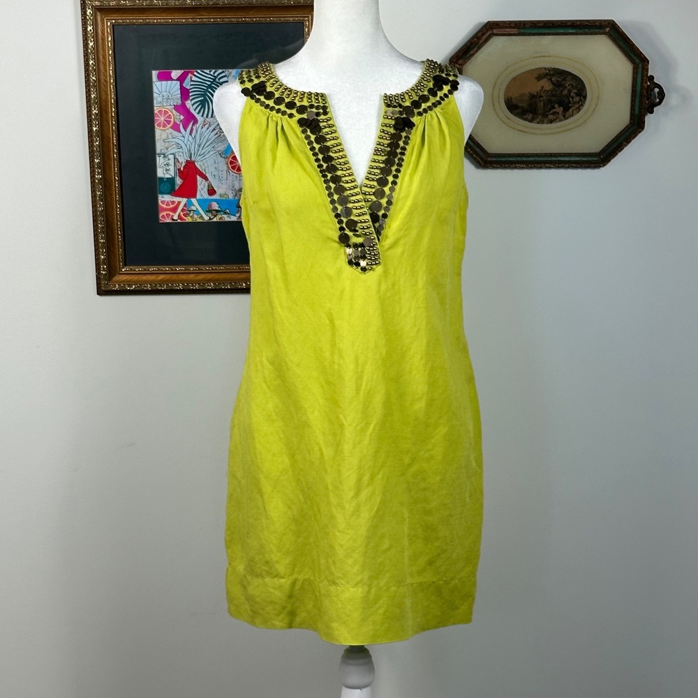 New York &‎ Company Chartreuse Shift Dress with Beaded Collar Details - SIZE S